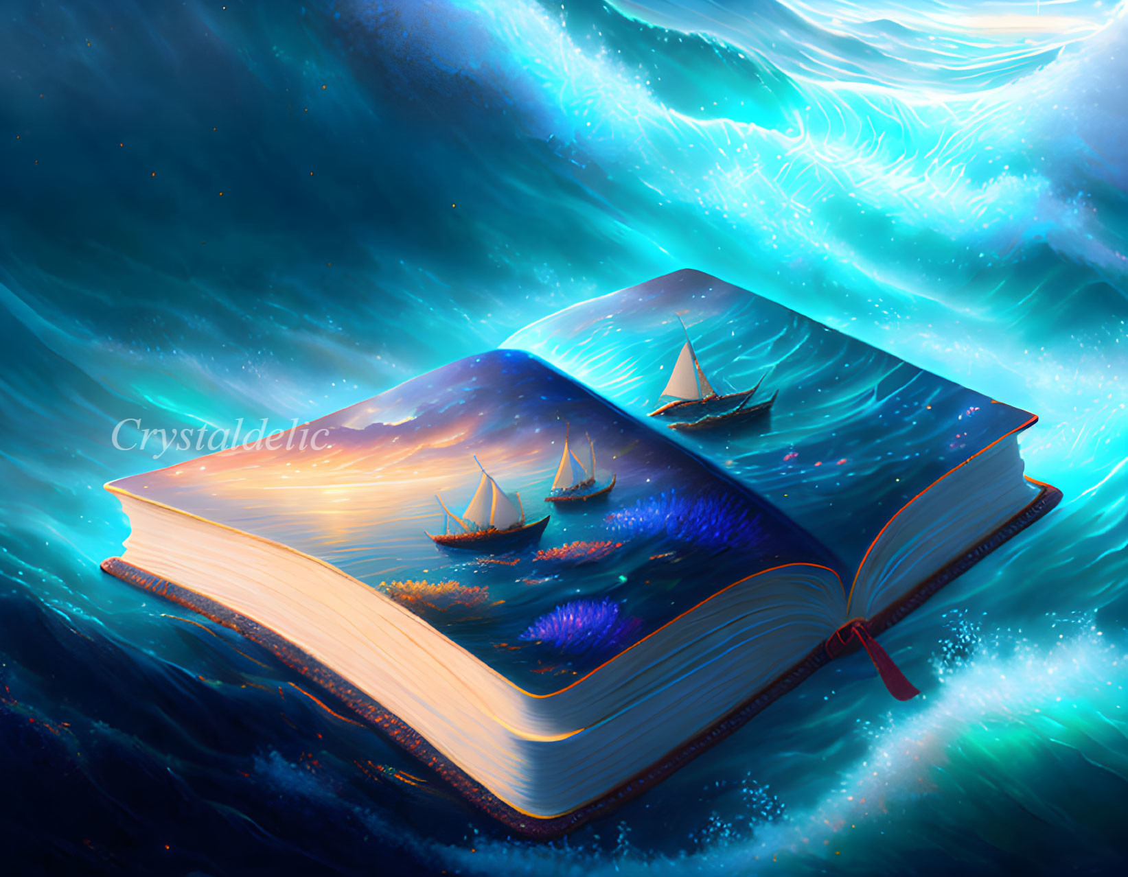 Open book with ocean and sailing ships blending into surrounding sea under twilight sky