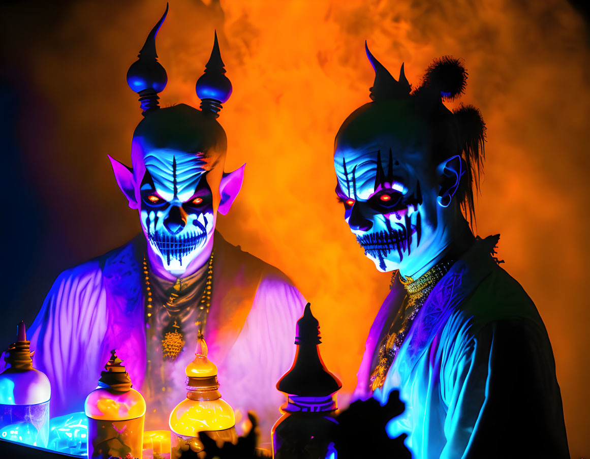 Two individuals in demonic makeup and costumes in colorful, smoky setting.