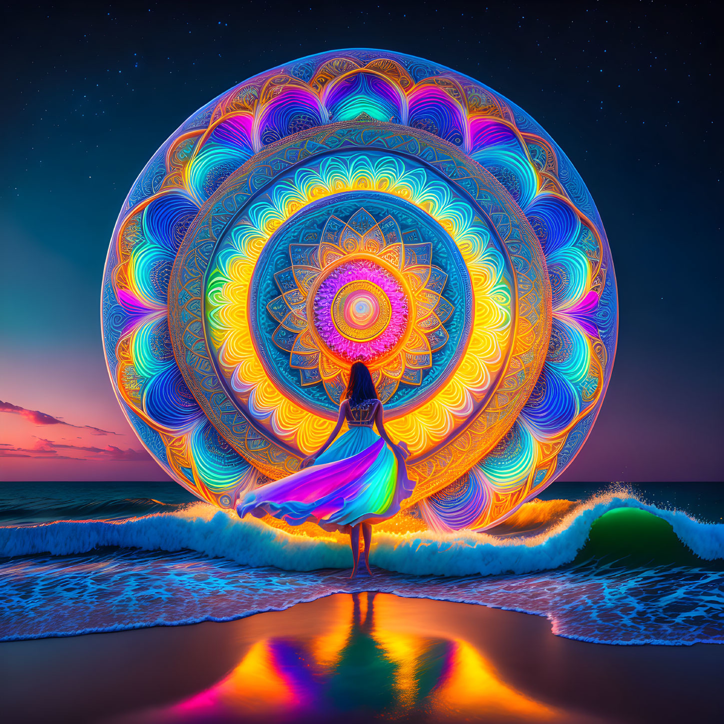 Twilight beach scene: woman views radiant mandala over sea