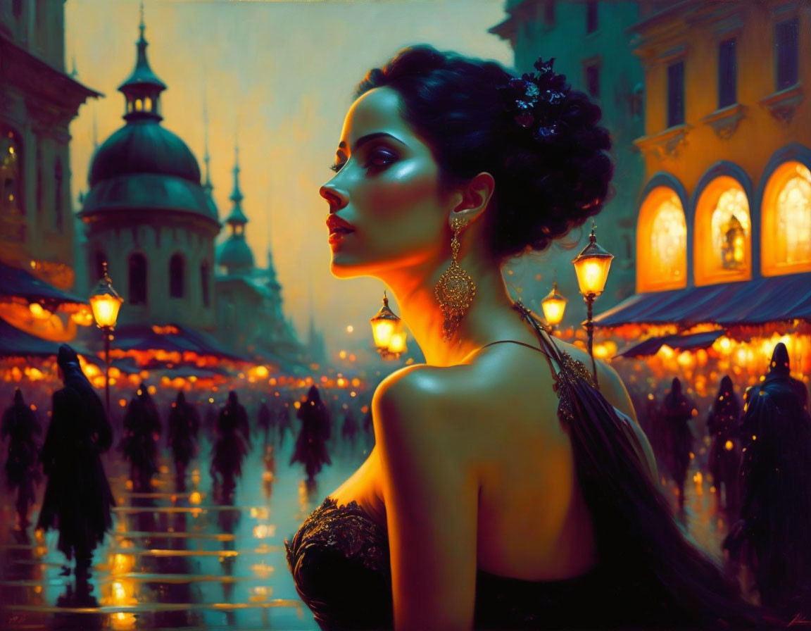 Sophisticated woman with updo hairstyle in urban night scene