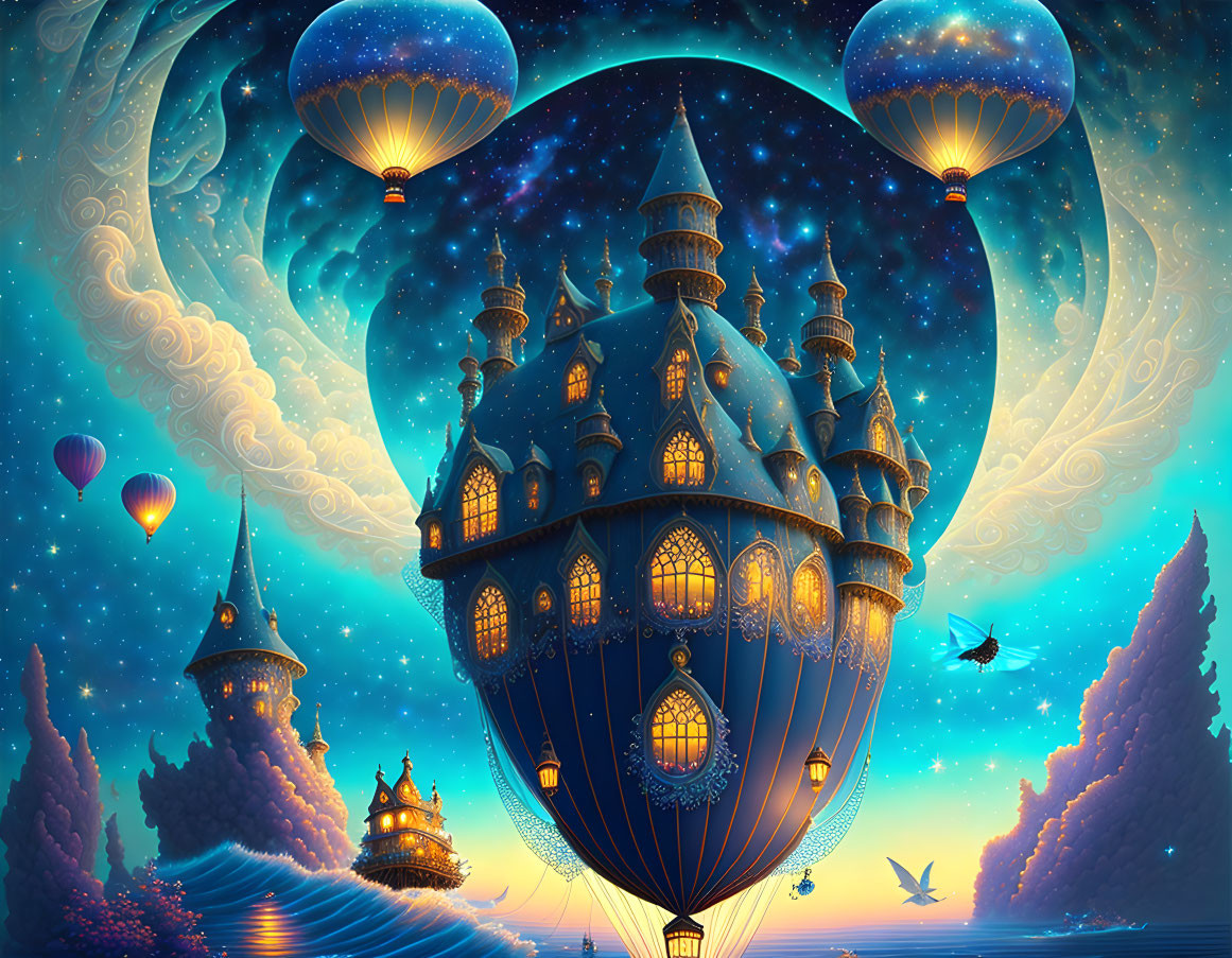 Fantastical floating castle on balloons in starry night sky