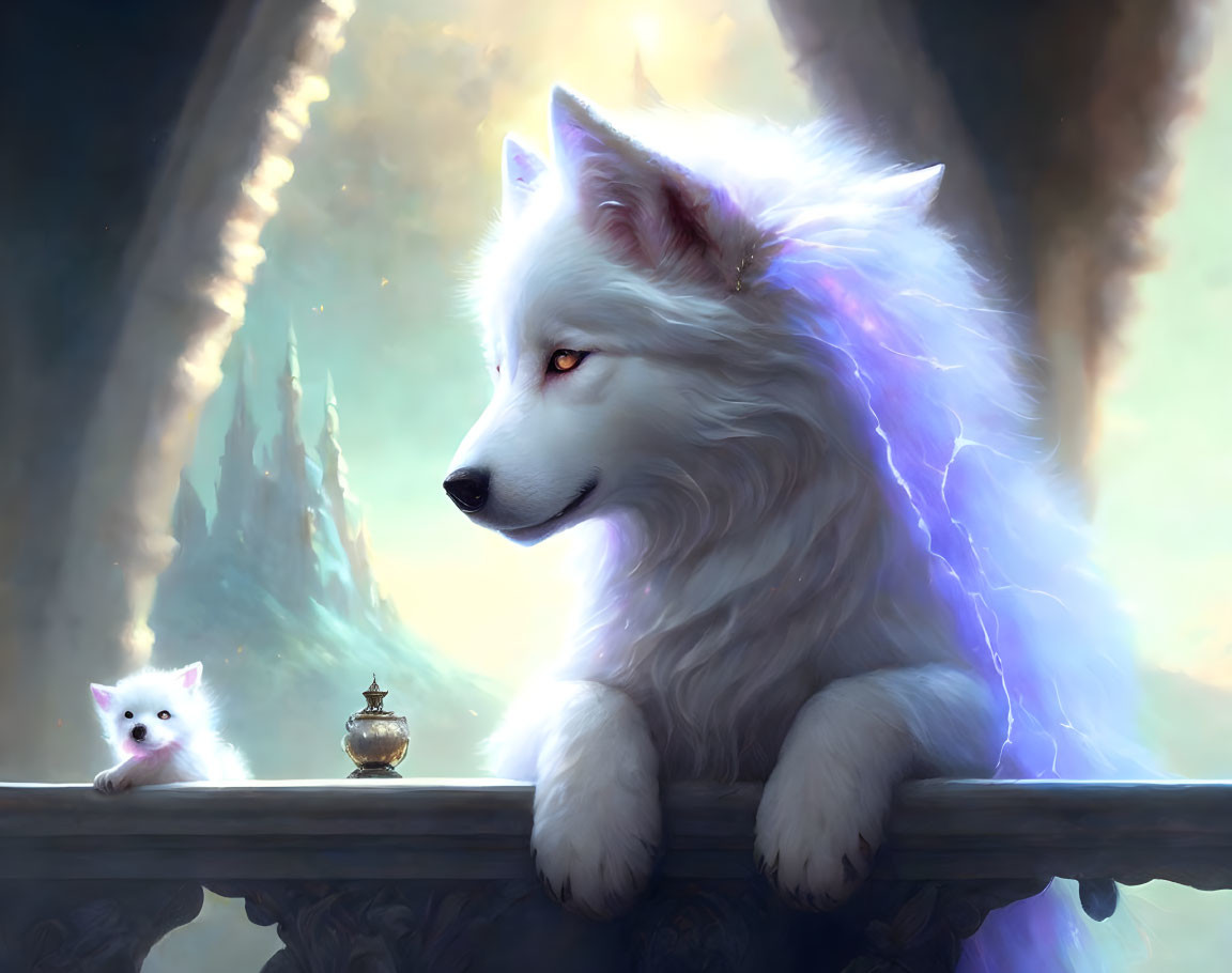 White wolf with glowing energy beside tiny counterpart and mysterious bottle on stone ledge