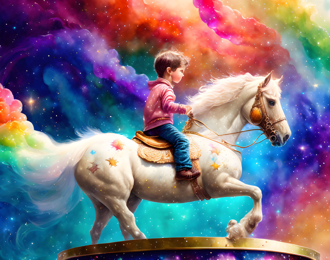 Child riding white horse with golden stars on carousel against vibrant nebula.