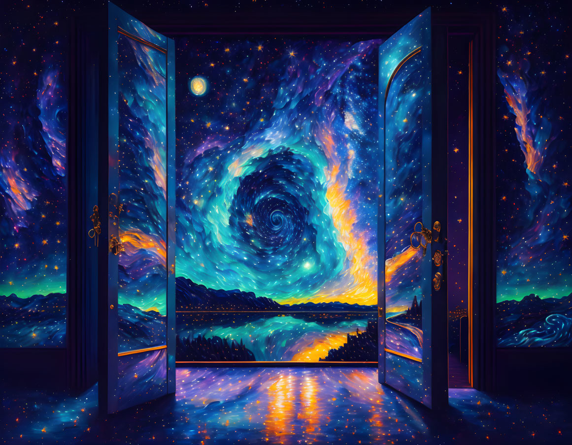 Colorful painting of open door to surreal starry night with galaxy, moon, and reflective water landscape