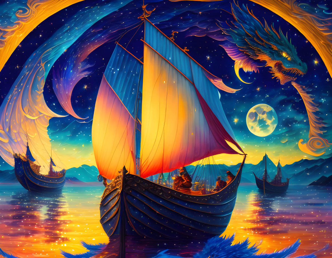 Fantasy artwork: Ships sailing on golden sea with moon, phoenix