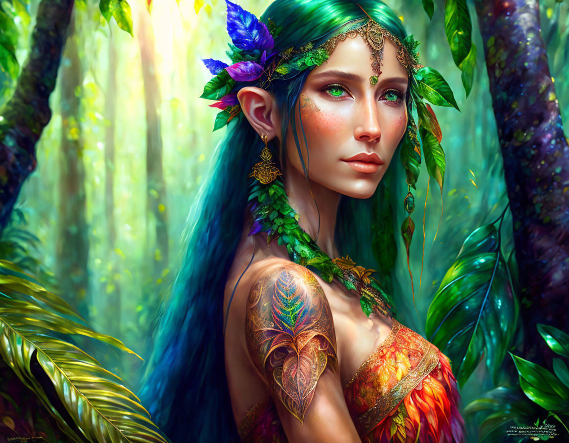 Fantasy image of woman with pointed ears and crown in forest