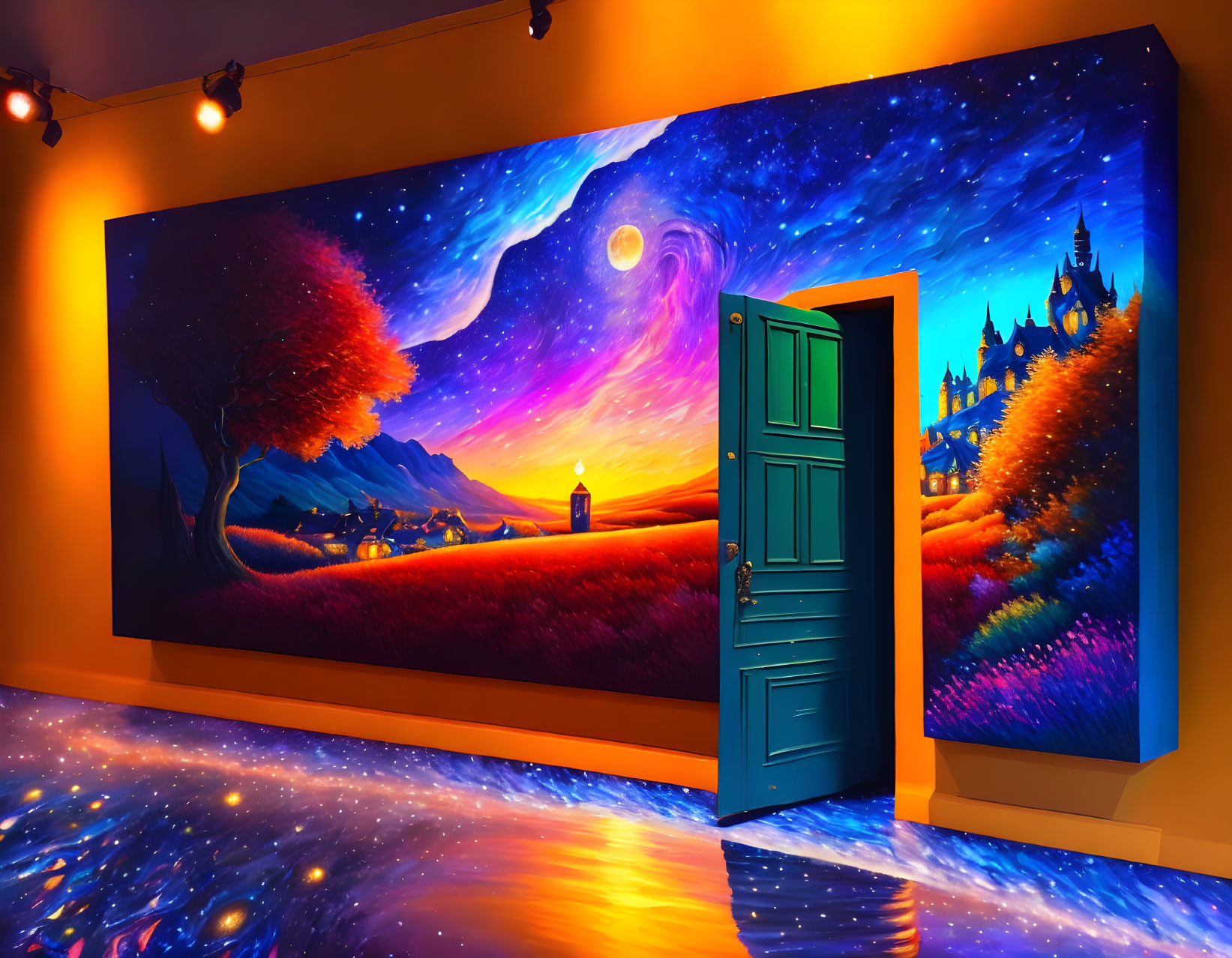 Colorful cosmic landscape painting behind open teal door