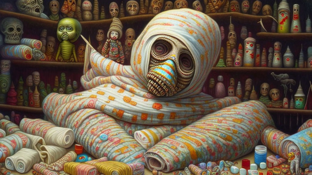 Figure Wrapped in Patterned Textiles Surrounded by Colorful Masks