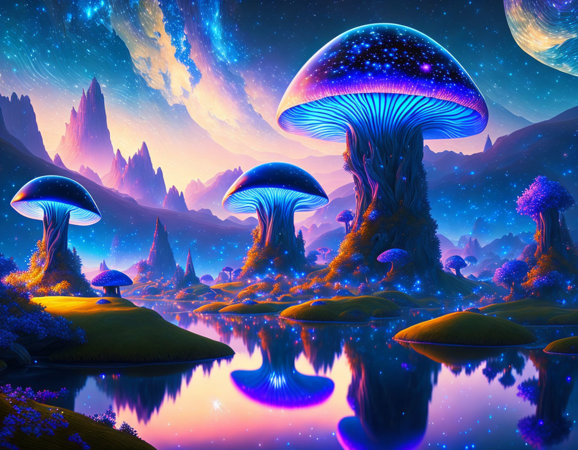 Fantasy landscape with oversized glowing mushrooms and starry sky