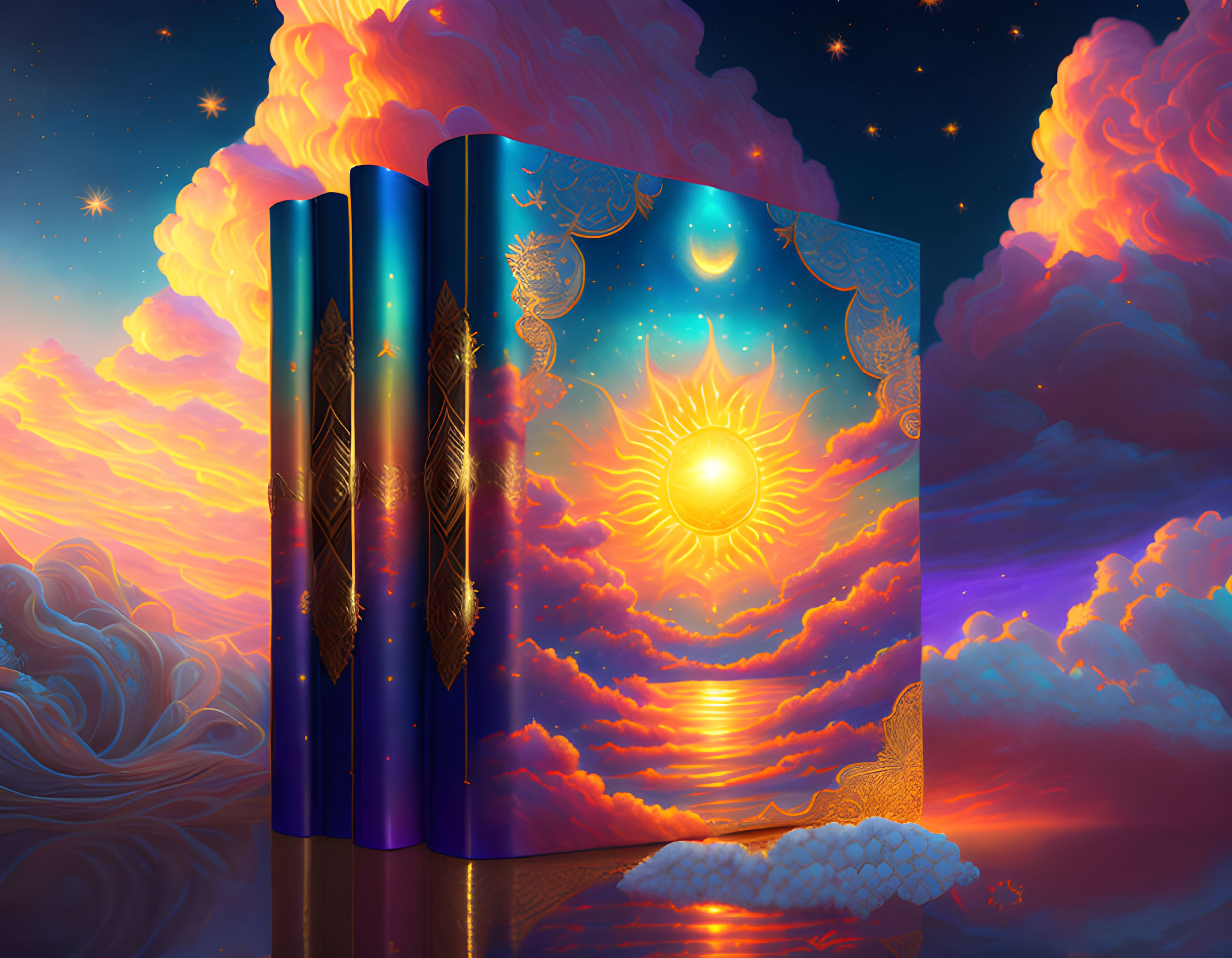 Colorful illustration of decorative books with portal to fantastical sunset sky