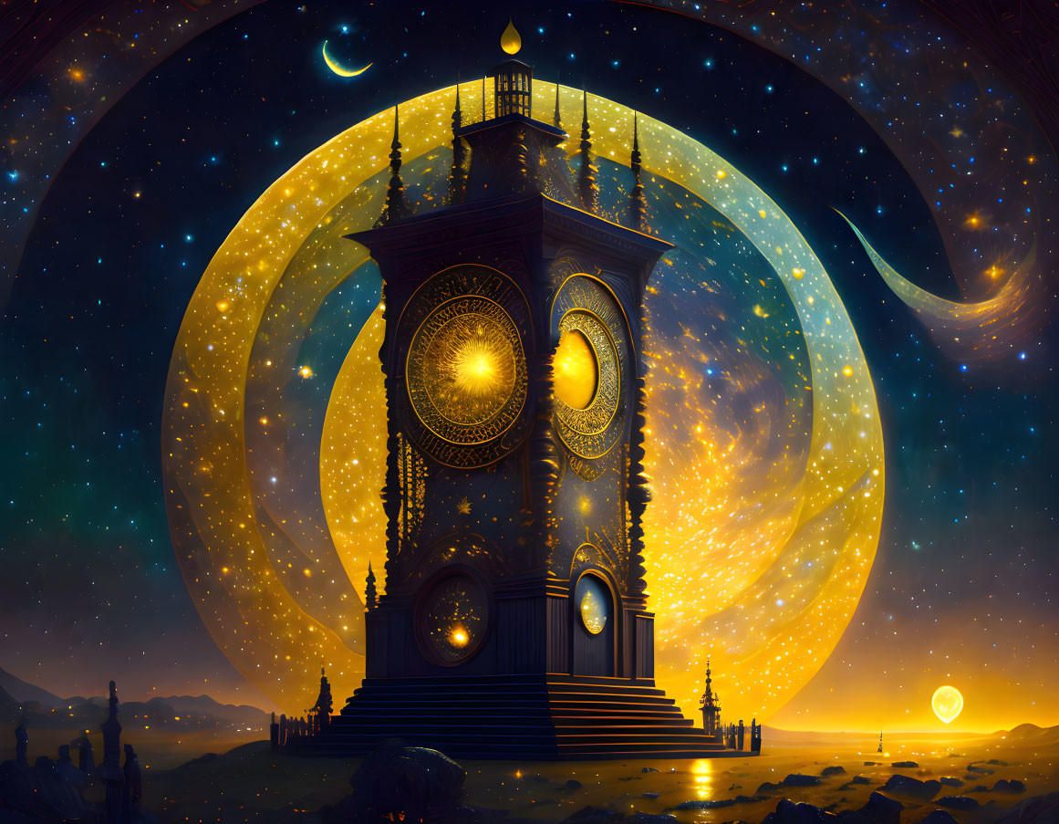 Astronomical clock tower in surreal night landscape