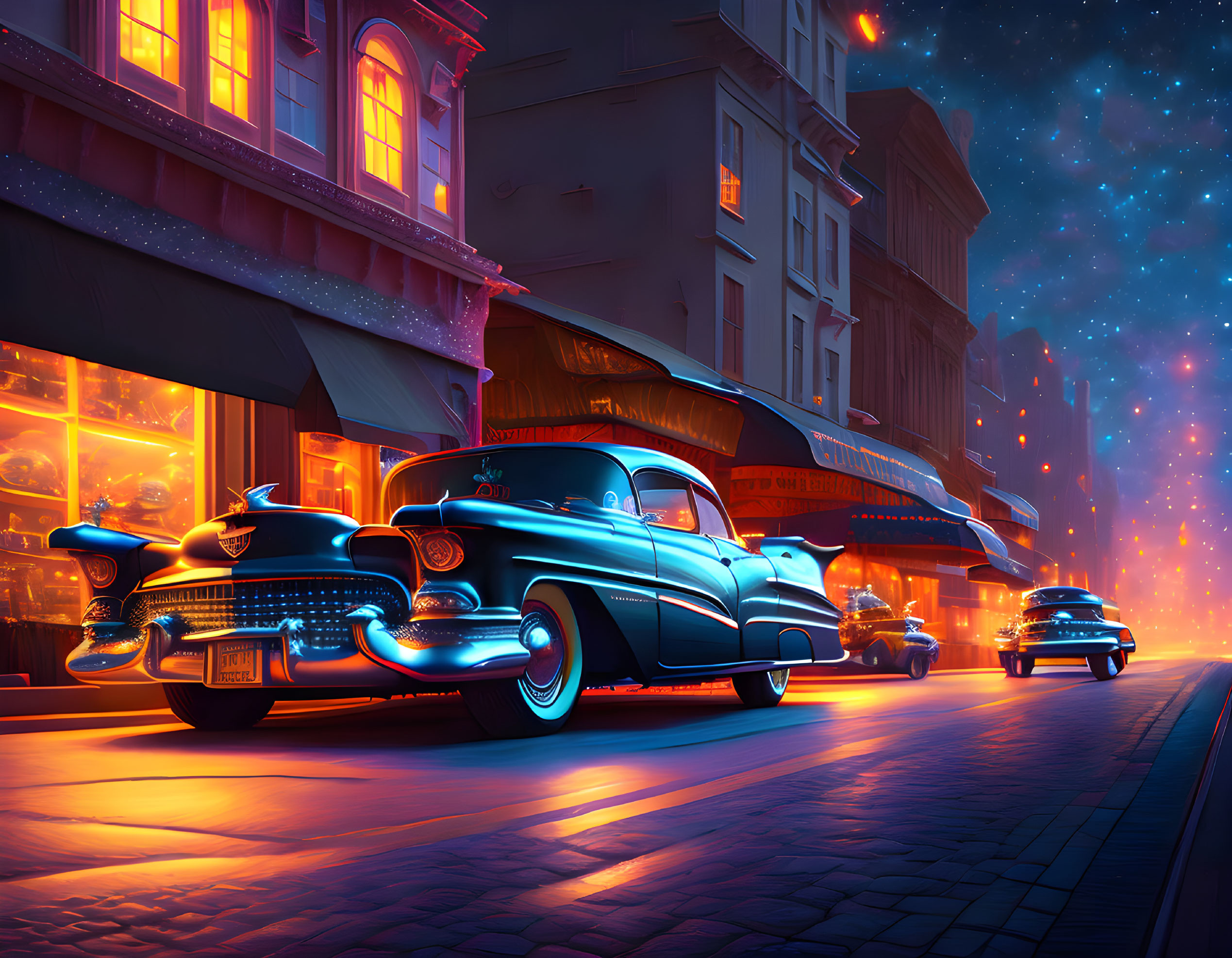 Nighttime Street Scene: Vintage Cars, Neon Shops, Starry Sky