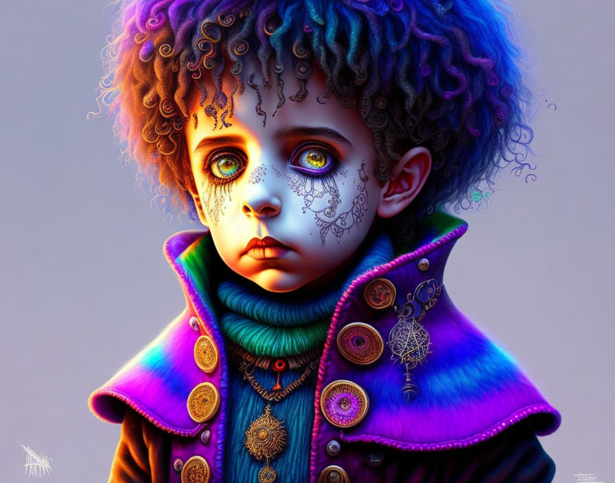 Child digital portrait: blue eyes, curly hair, face paint, colorful jacket.