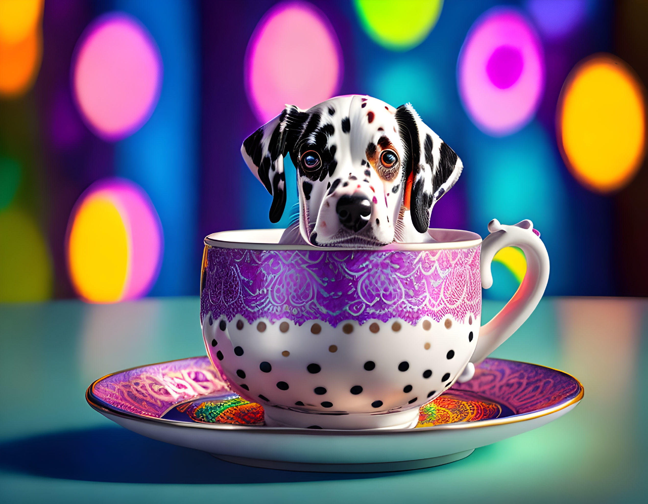 Dalmatian puppy in patterned teacup with bokeh lights