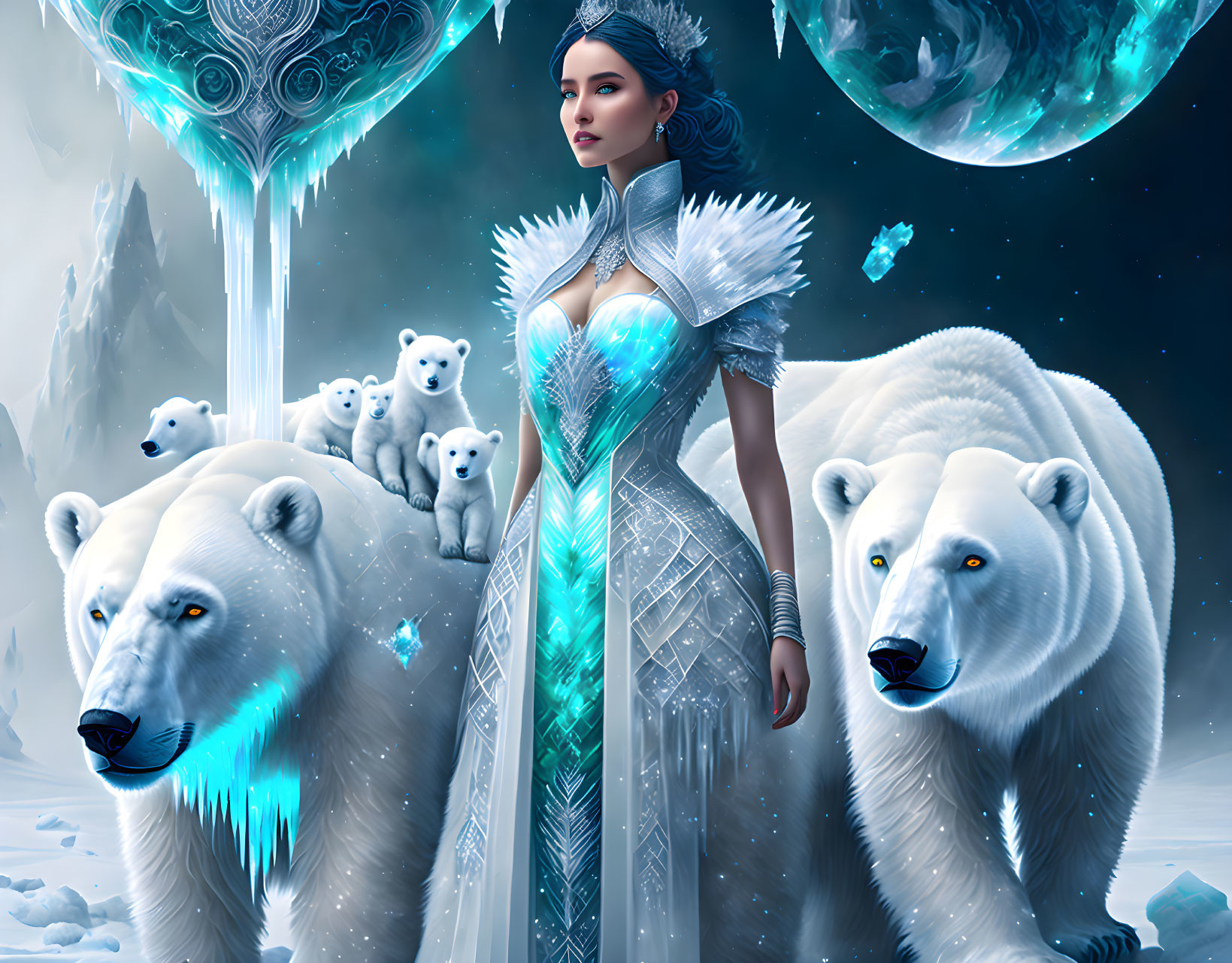 Fantastical icy landscape with woman in crystalline blue gown