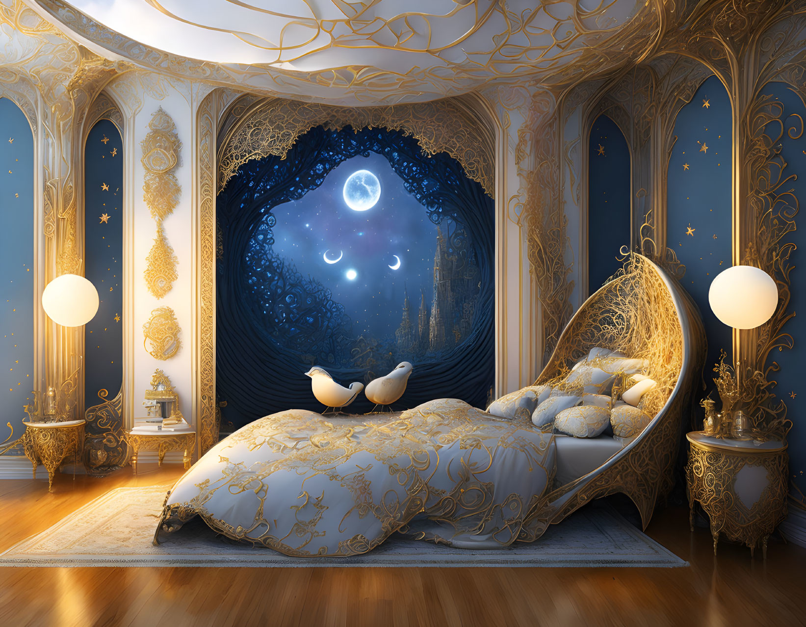 Luxurious Bedroom with Golden Accents, Ornate Bed, Celestial Motifs, and Mystical