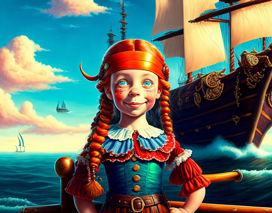 Vibrant pirate-themed illustration with young girl and ship