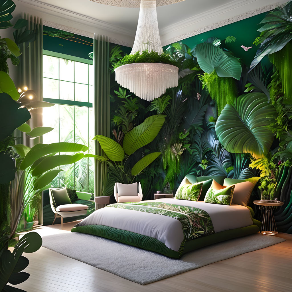 Luxurious bedroom with lush jungle theme and elegant decor