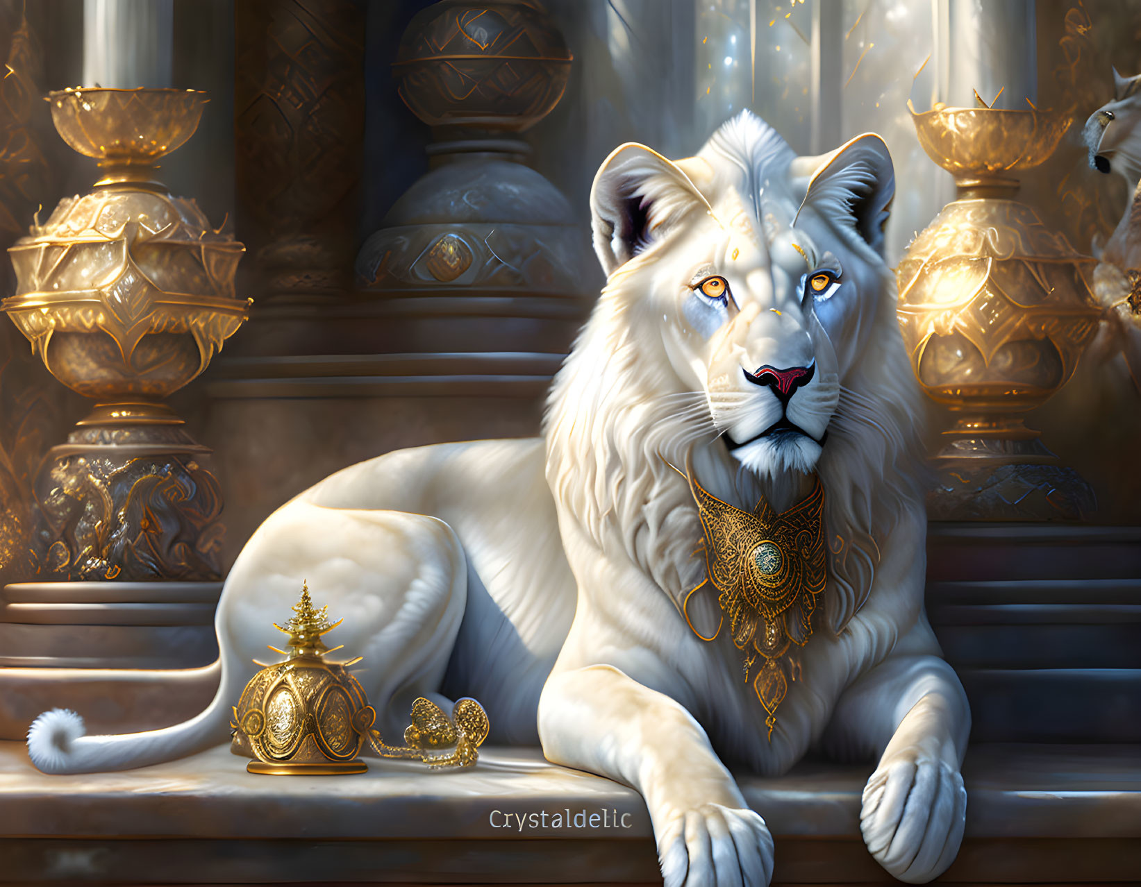 White lion with blue eyes in regal room with gold jewelry and ornate decor