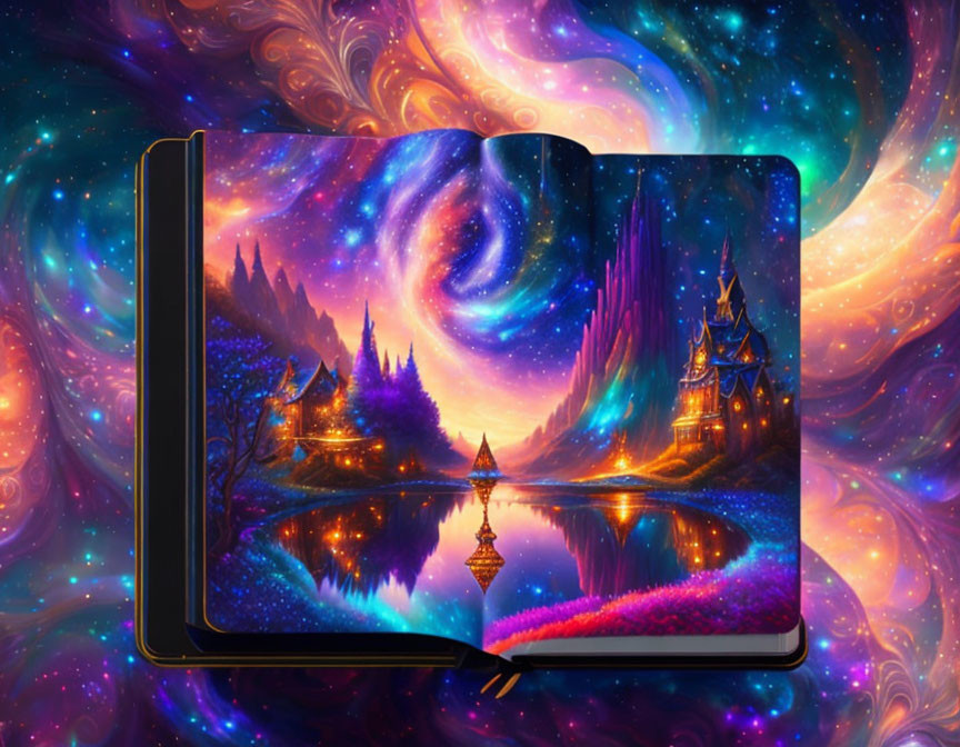 Illustrated open book: mystical landscape, galaxies, reflective lake, colorful foliage, castles.