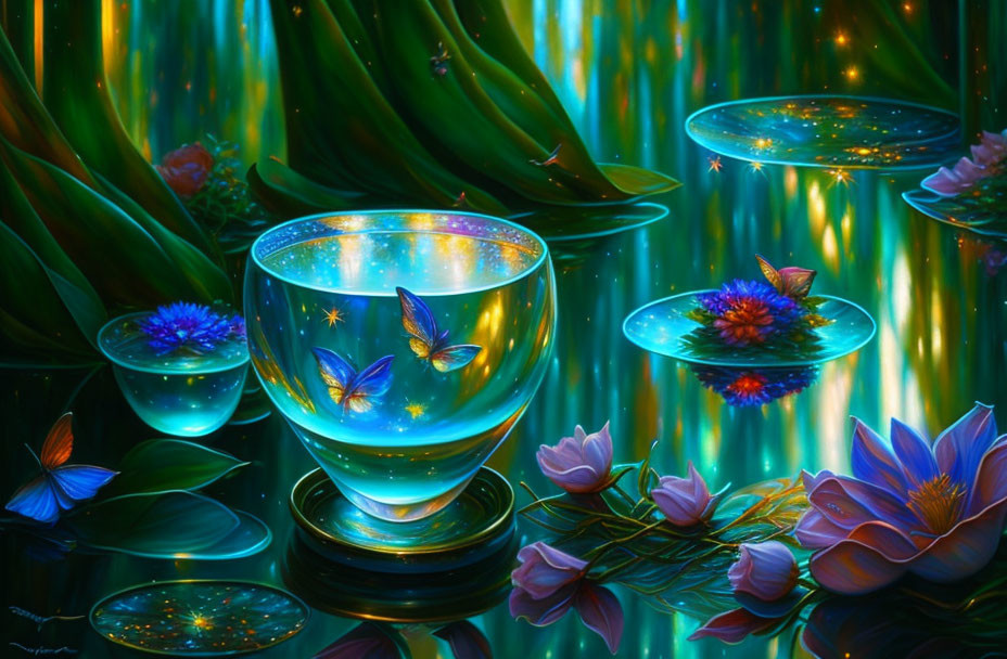 Mystical image of glowing flowers, butterflies, and luminescent bowls on tranquil water