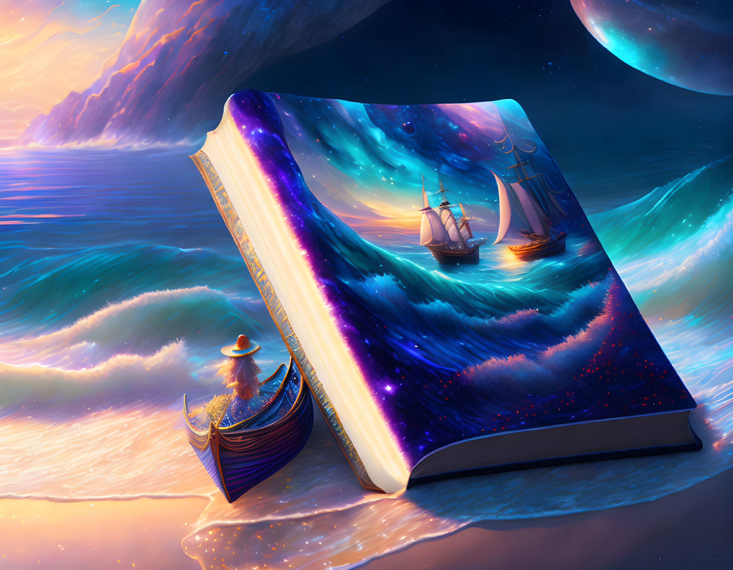 Open book displays magical seascape with sailing ship on glowing pages, smaller boat, and cosmic sky with