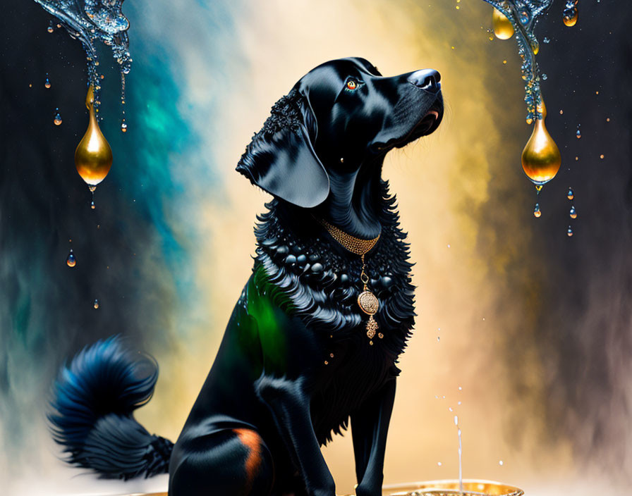 Adorned black dog gazing with golden droplets & blurred background