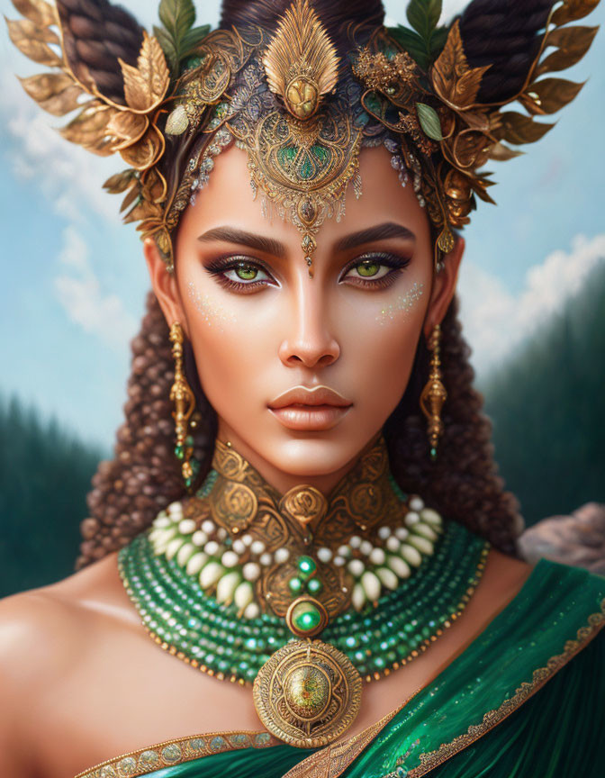 Intricate golden headdress and jewelry on a woman against forest backdrop