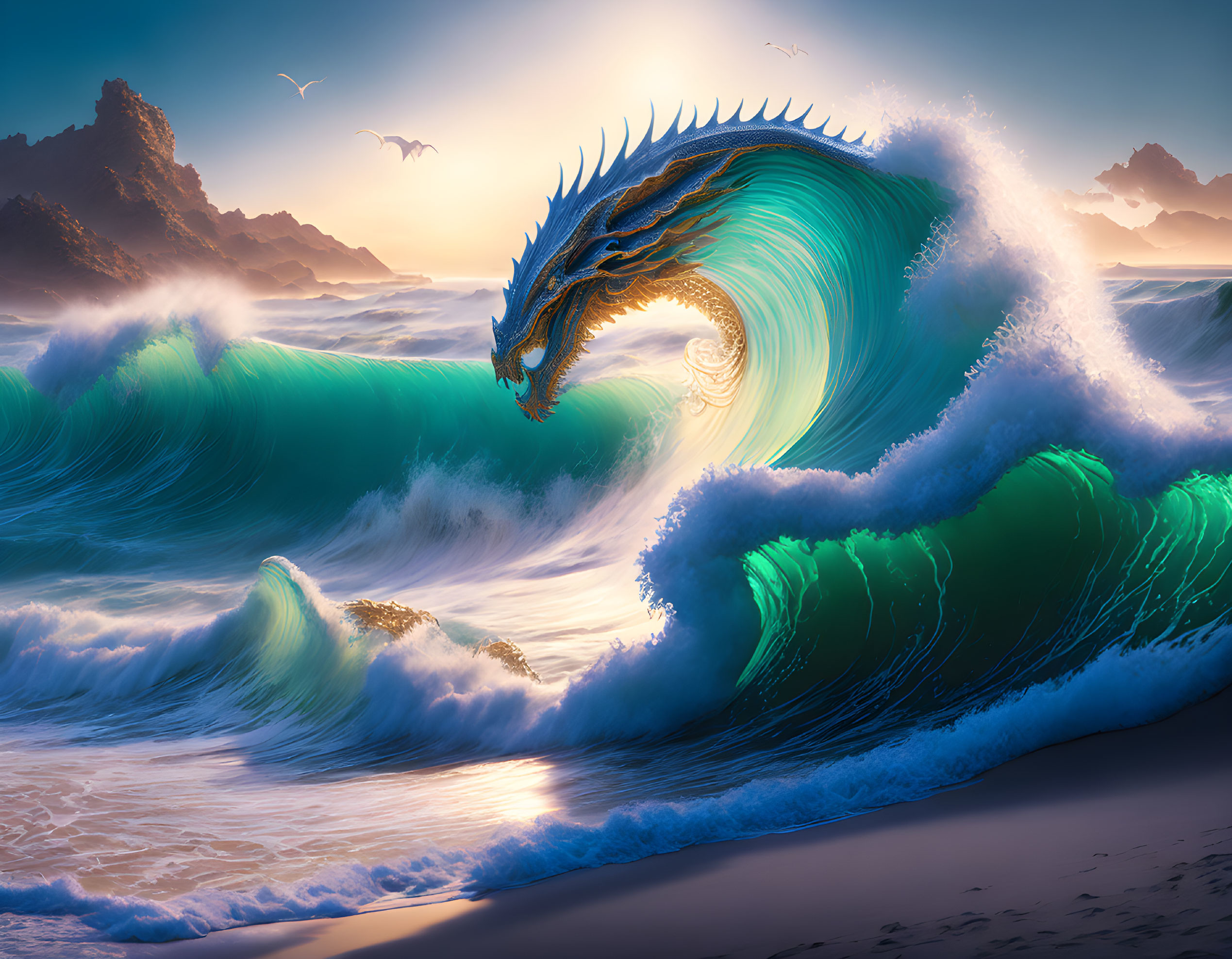 Fantastical art: Dragon-headed wave in scenic sunrise/sunset backdrop