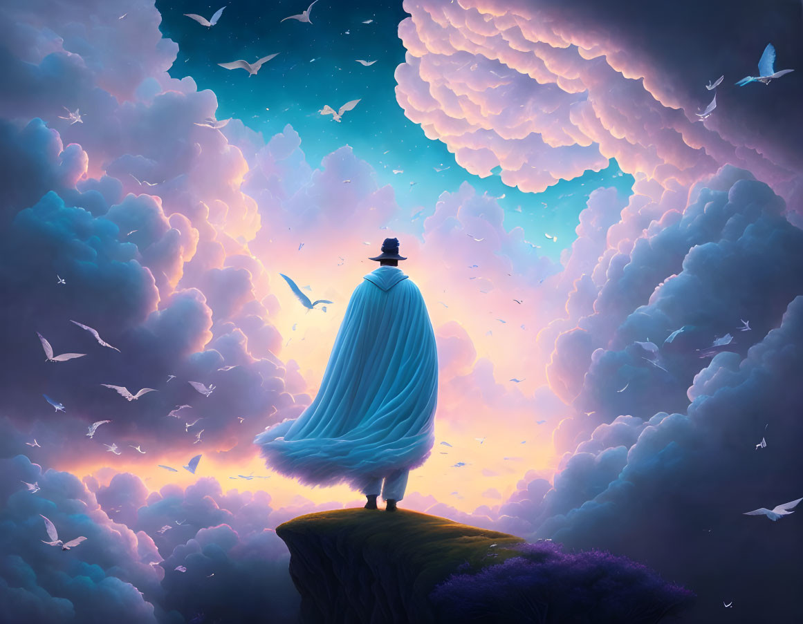 Cloaked figure on cliff gazes at surreal sunset sky