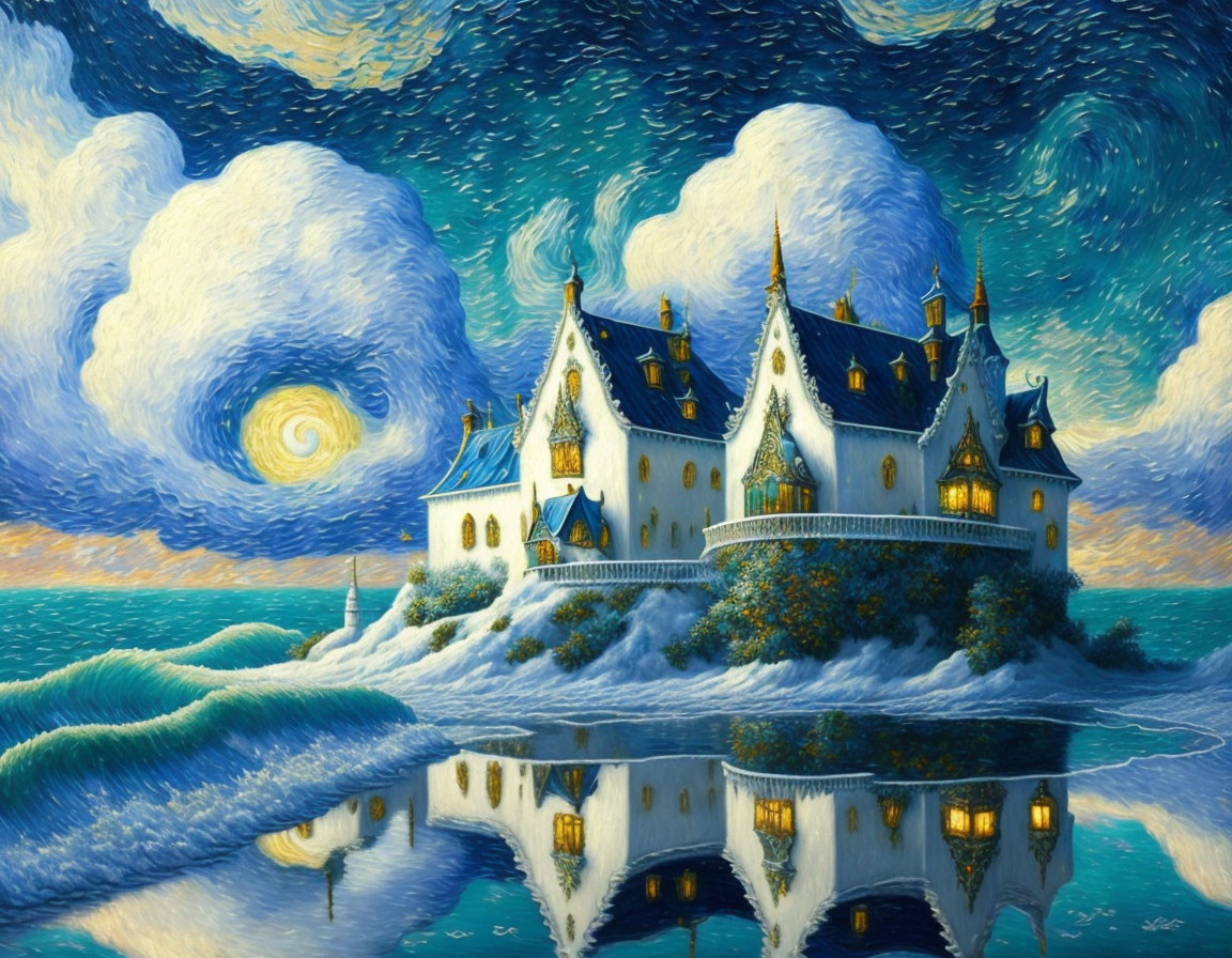 Whimsical painting of grand white castle on island under starry sky