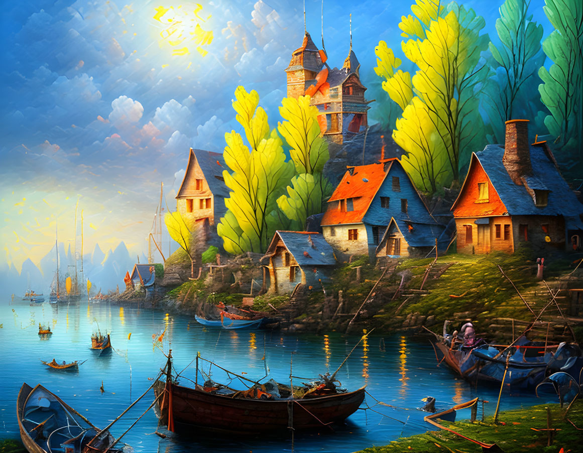 Colorful sunset fantasy village with castle, boats, and oversized yellow foliage.