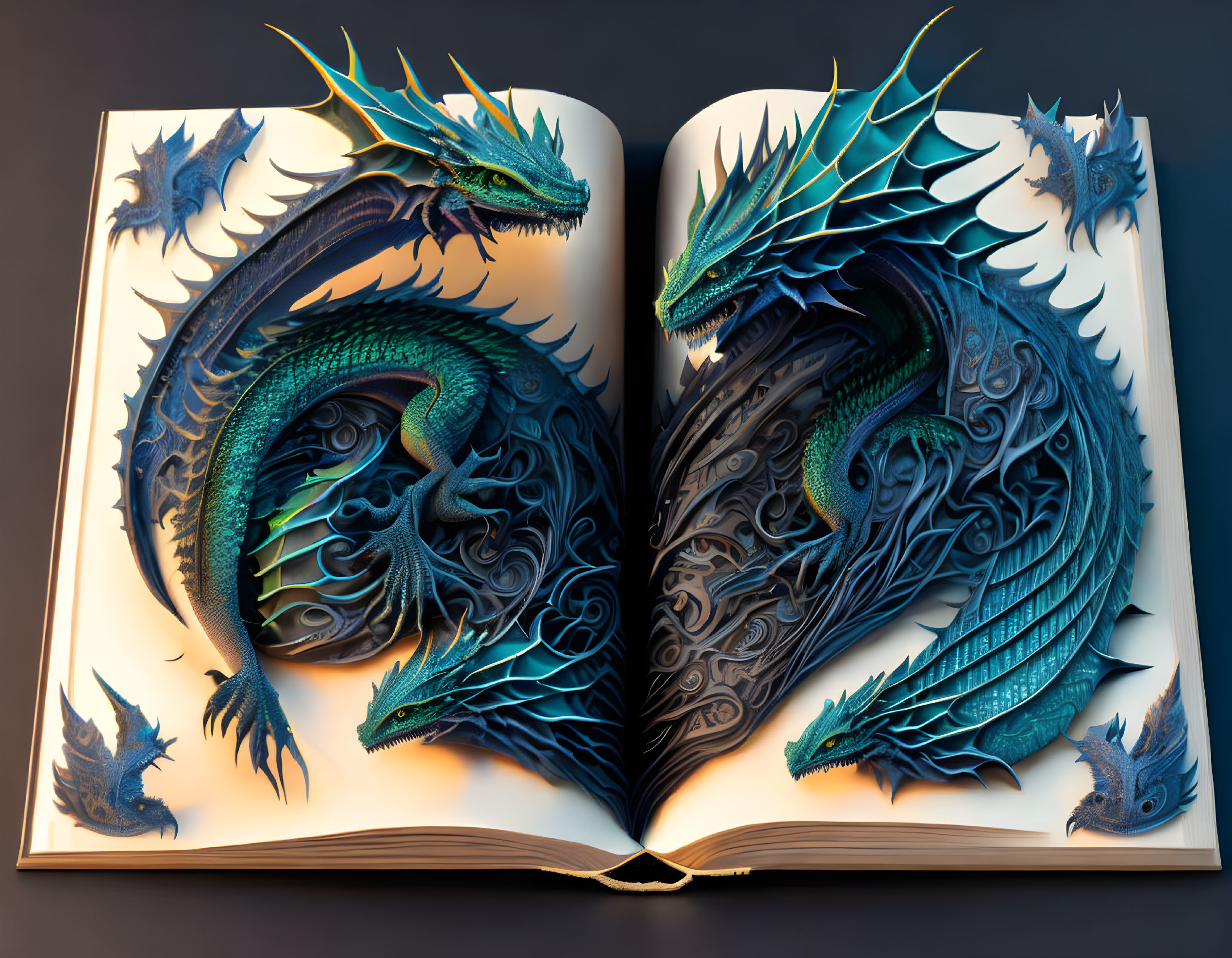 Detailed 3D blue dragon in open pop-up book