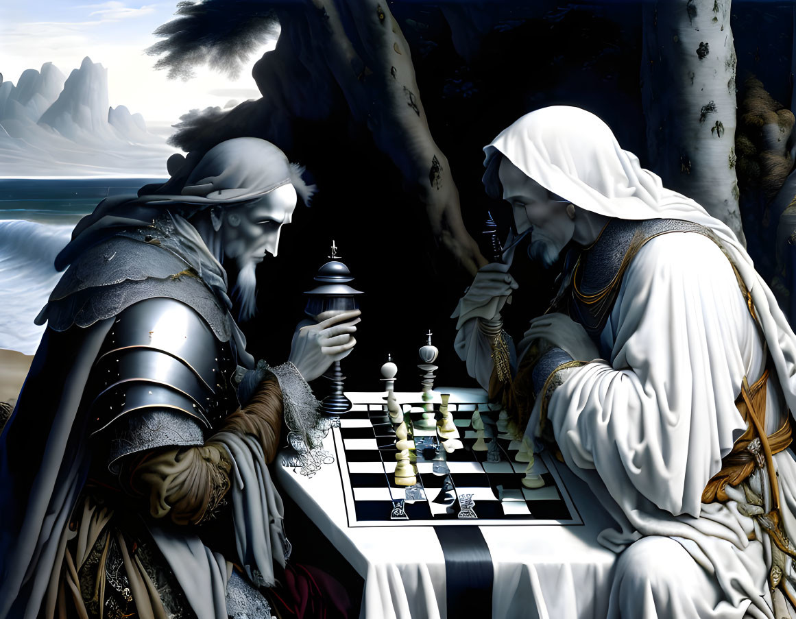 Medieval chess game by the seaside with detailed figures.