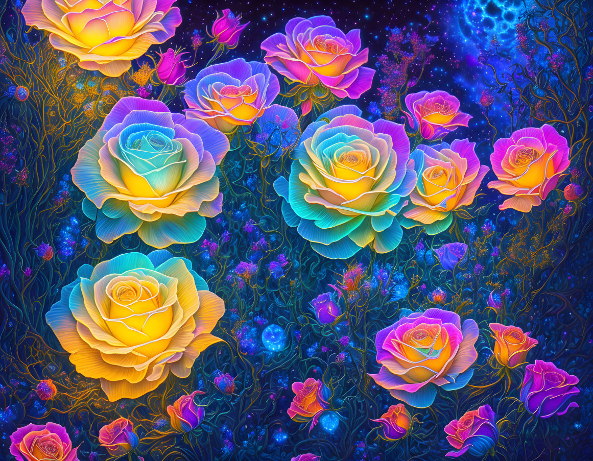 Neon-colored roses with glowing edges on dark, starry background