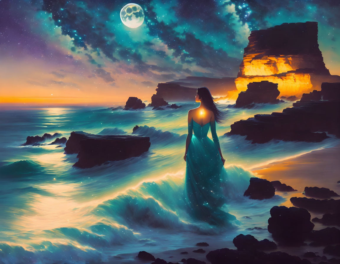 Luminous figure on beach at night with glowing tides and moonlit sky