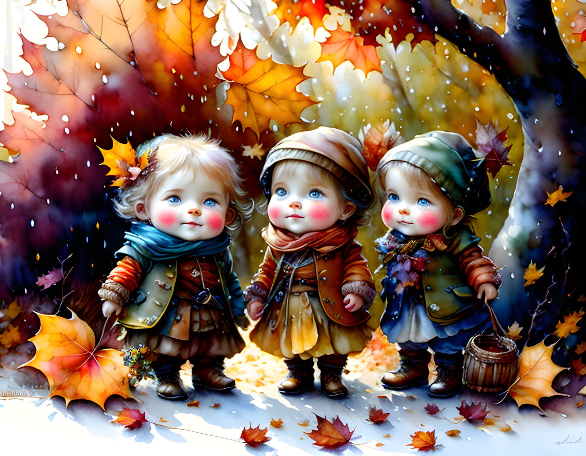 Three animated children in autumn attire among colorful leaves, one holding a basket