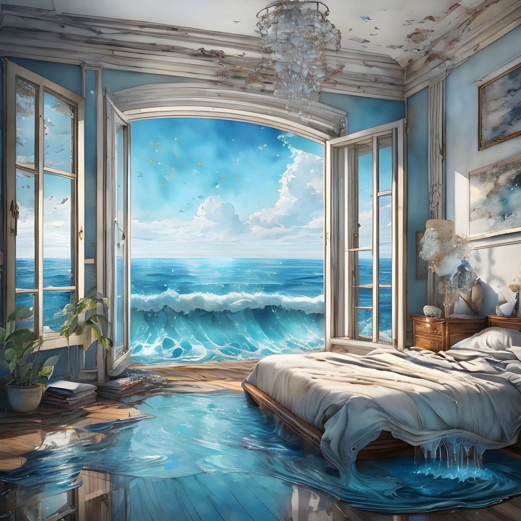 Ocean view bedroom with sunny sky, butterflies, and crystal chandelier