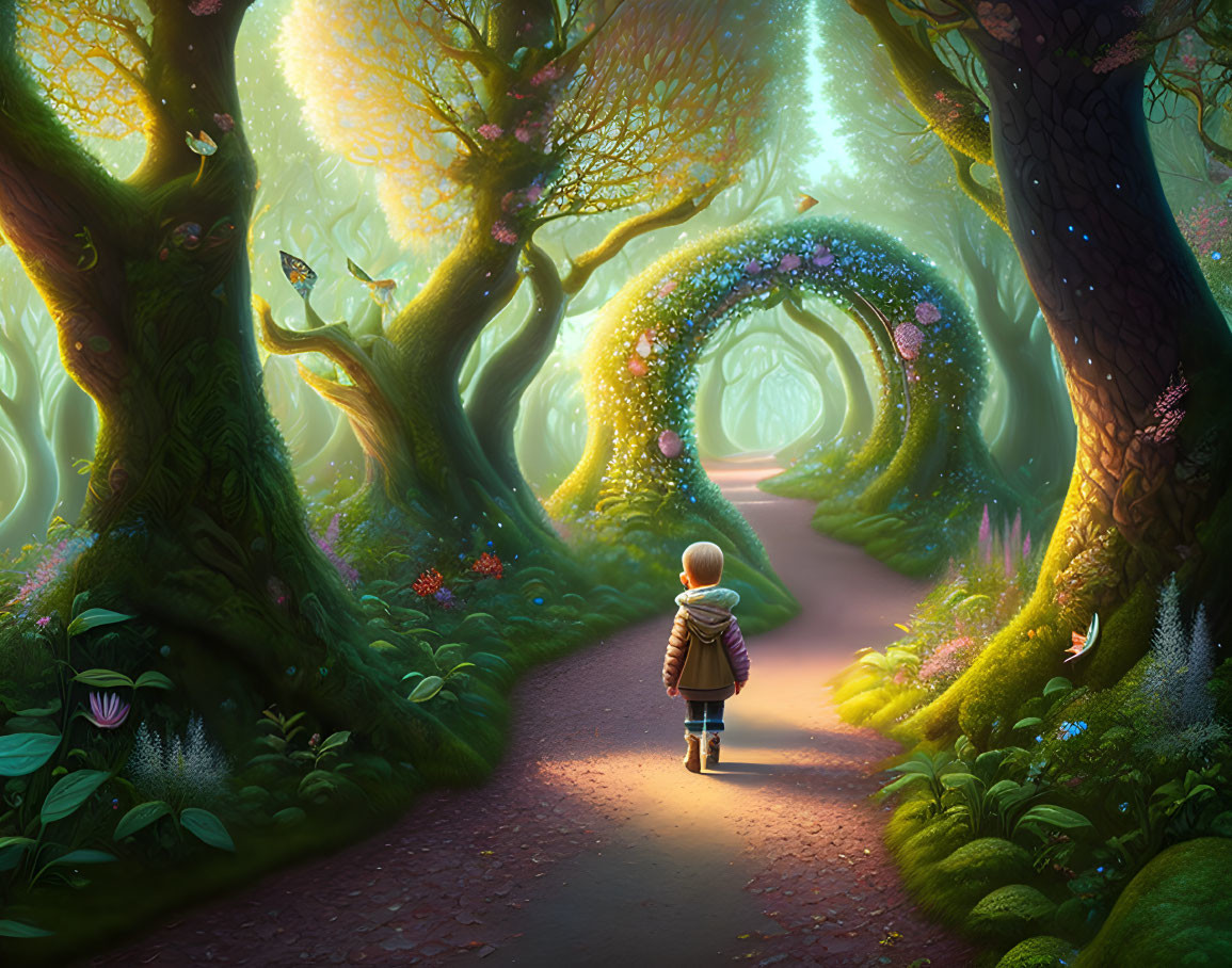 Child Walking on Magical Forest Path with Glowing Trees, Rainbow Arch, Flowers, and Butterflies