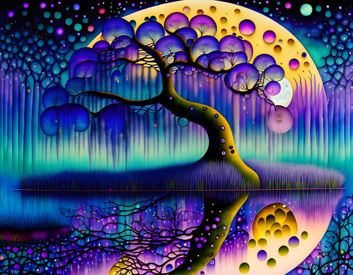 Colorful Psychedelic Tree Illustration with Moon and Dotted Patterns