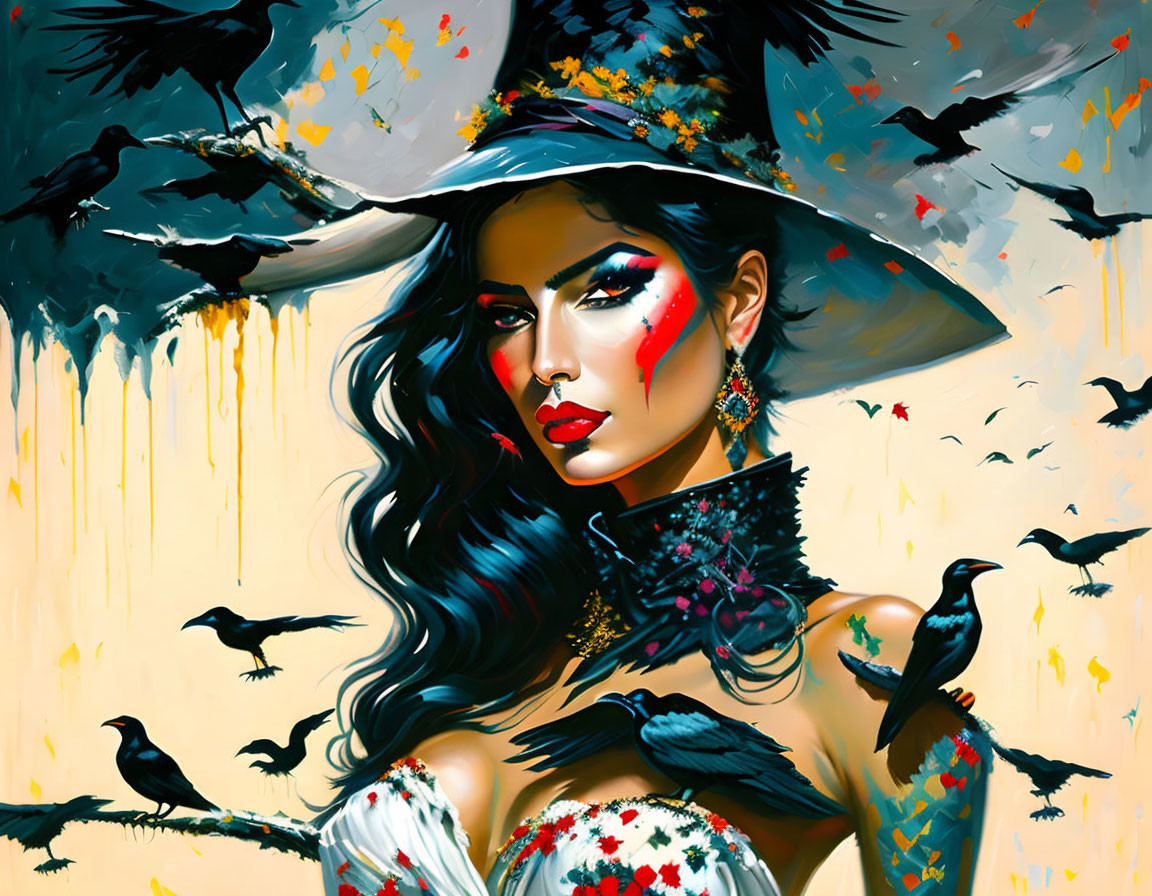 Mysterious woman with dramatic makeup and witch's hat in crow-filled scene