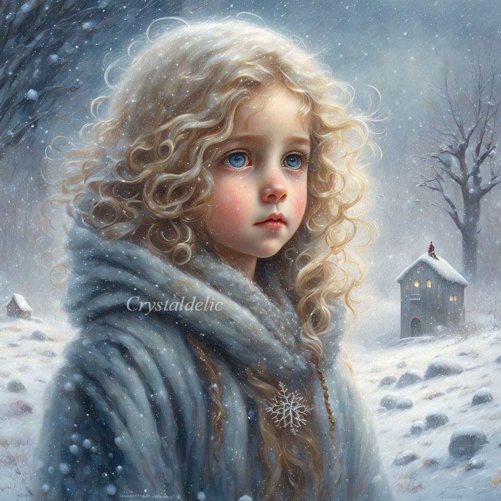 Curly Blonde Girl in Grey Shawl with Snowflake Pendant in Snowfall