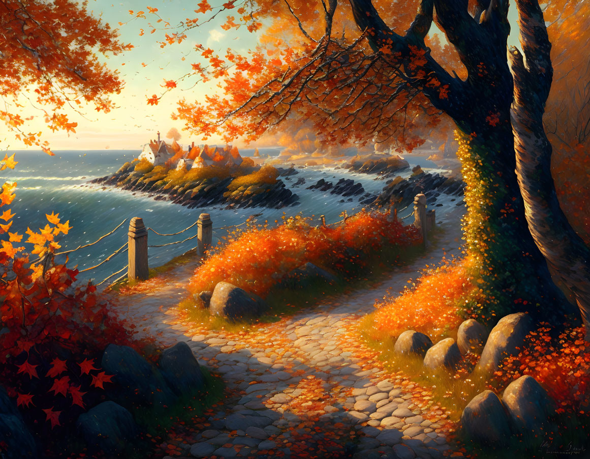 Tranquil autumn landscape with cobblestone path, orange foliage, sea, and distant houses