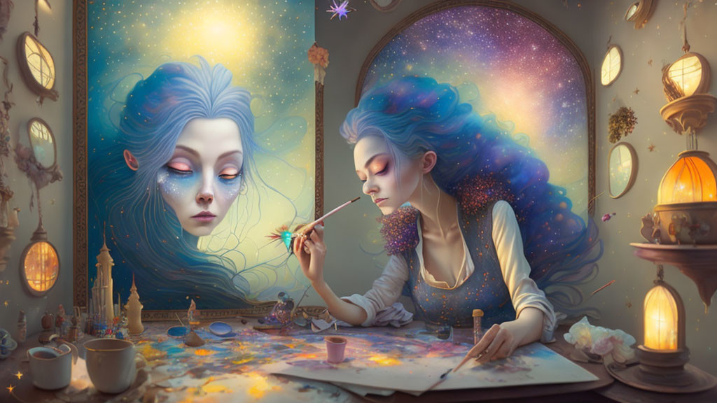 Blue-haired artist paints cosmic portrait in candlelit room with starry arched window view