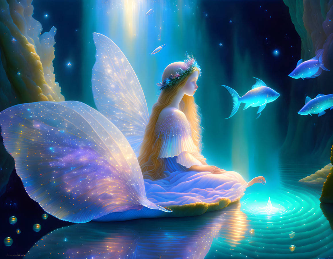 Fairy by water in mystical cave with glowing fish