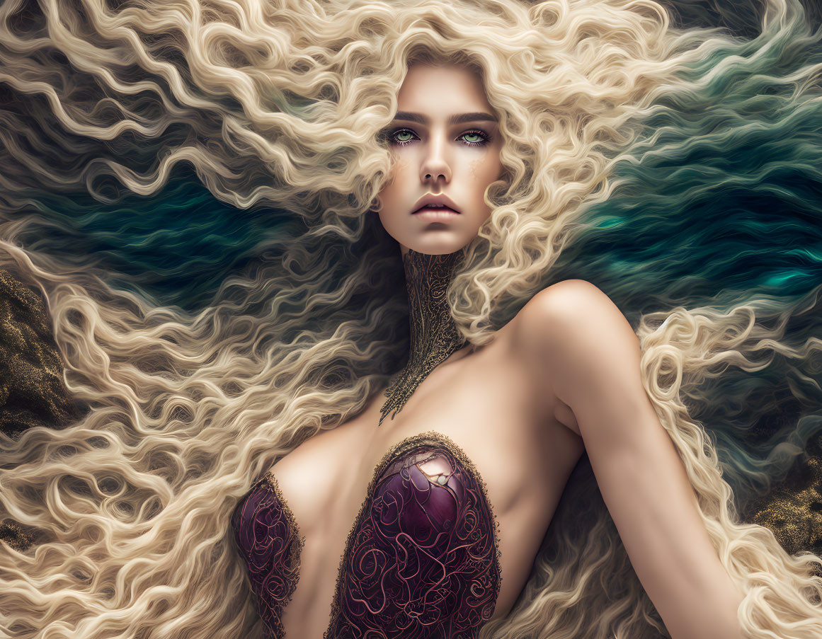 Fantasy-themed digital art of a woman with wavy hair and intricate jewelry