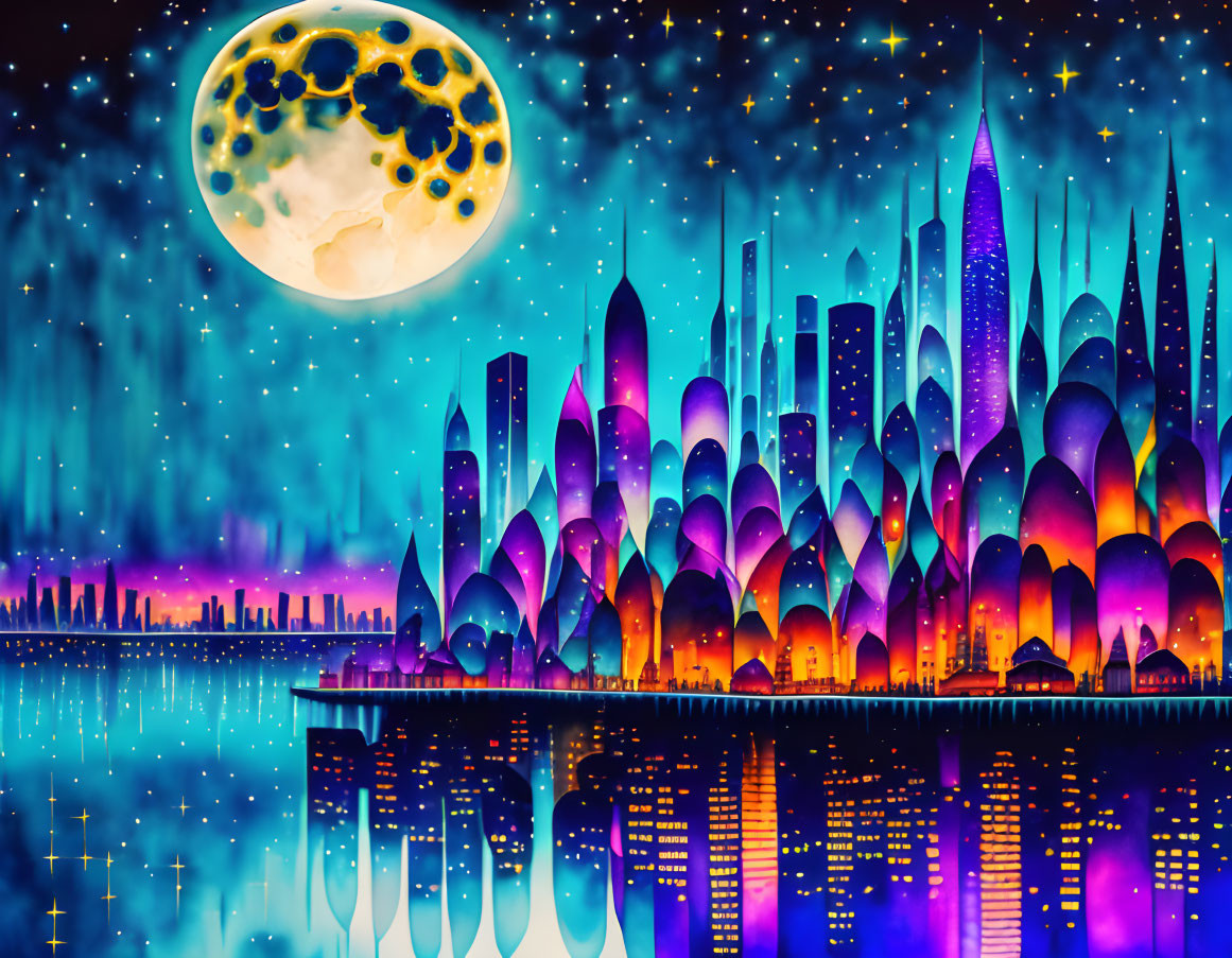 Futuristic cityscape at night with tall buildings and moon reflection