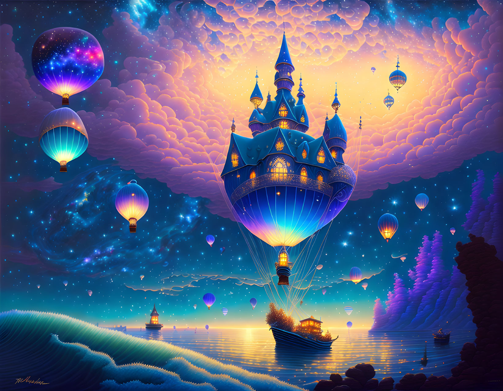 Floating castle on hot air balloon above serene sea with boats and balloons under starry sky