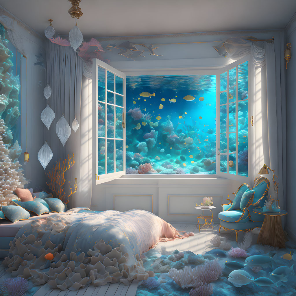 Ocean-themed cozy bedroom with large underwater view.