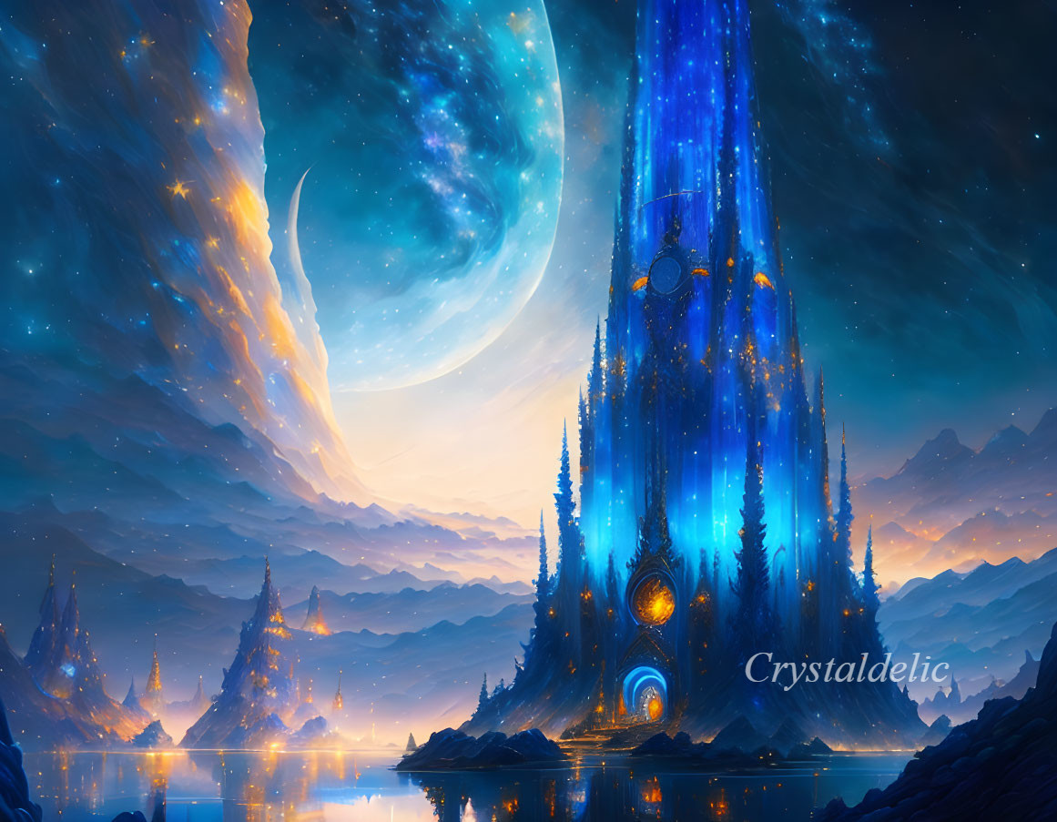 Crystal castle under starry night sky with crescent moon and shooting star above serene waterscape